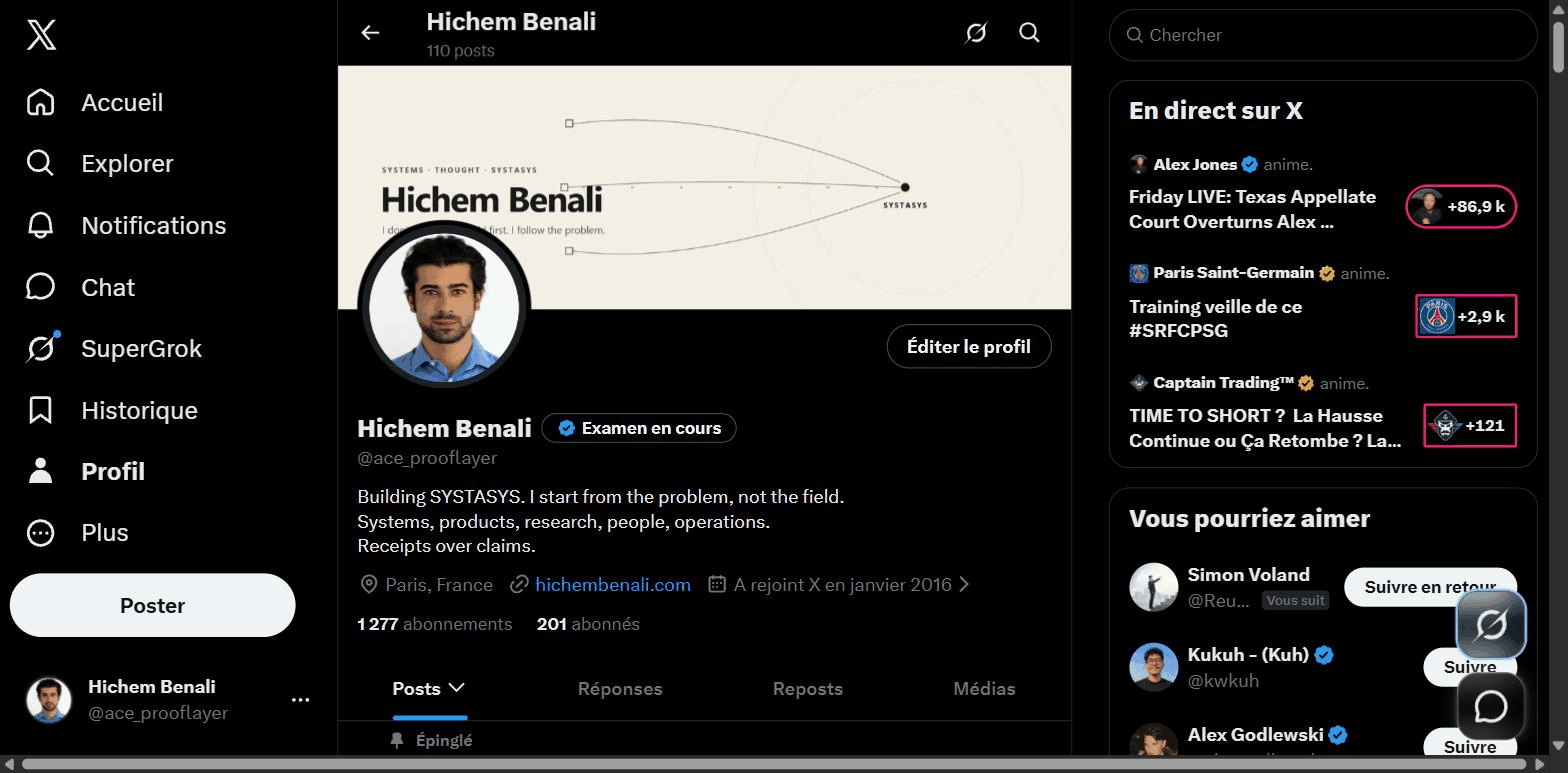 Profil X public de Hichem Benali et SYSTASYS, archive d’août 2026