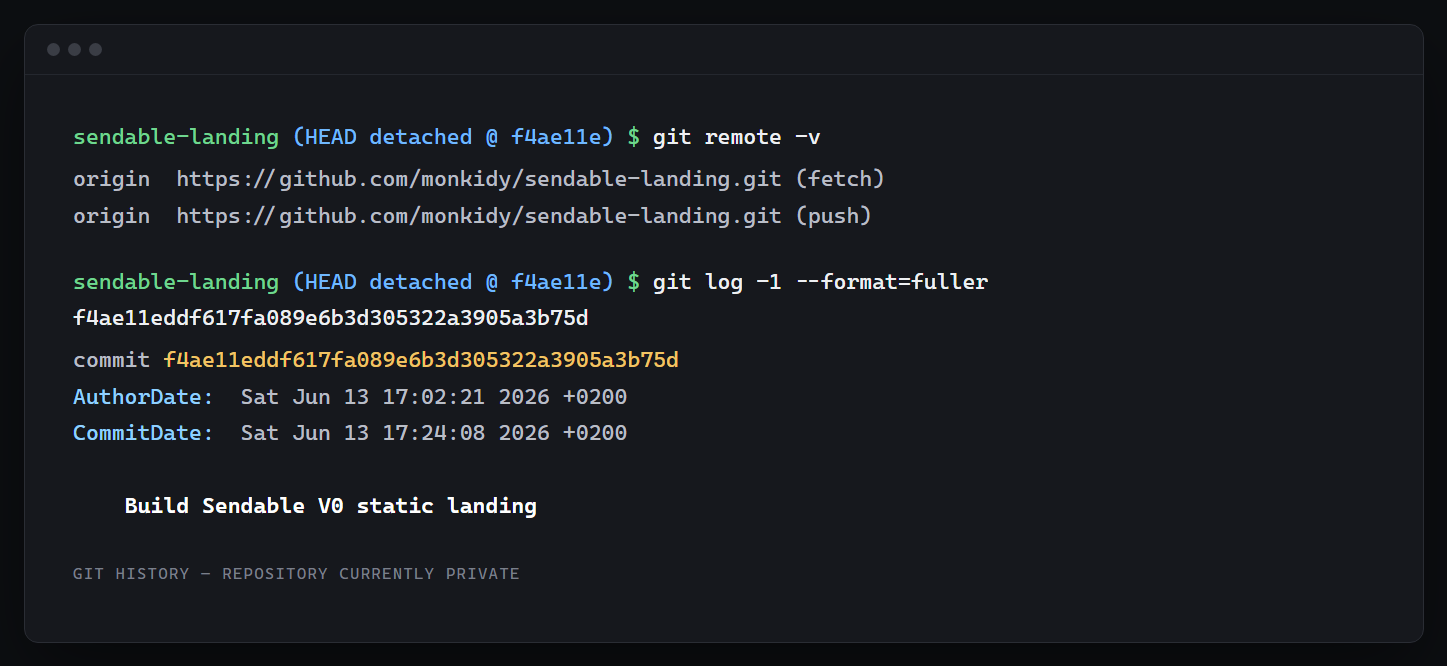 A terminal showing the Git remote github.com/monkidy/sendable-landing and the commit f4ae11eddf617fa089e6b3d305322a3905a3b75d, authored 13 June 2026 at 17:02:21 +0200 and committed at 17:24:08 +0200, with the message Build Sendable V0 static landing.