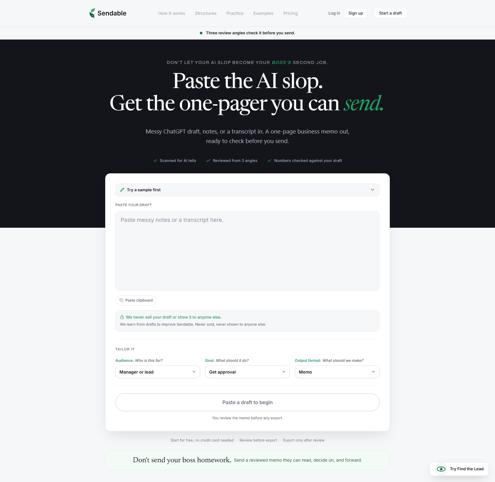 The usesendable.com home page. The brand reads Sendable. The headline reads Paste the AI slop. Get the one-pager you can send. A panel invites the visitor to paste a draft and choose an audience, a goal and an output format.