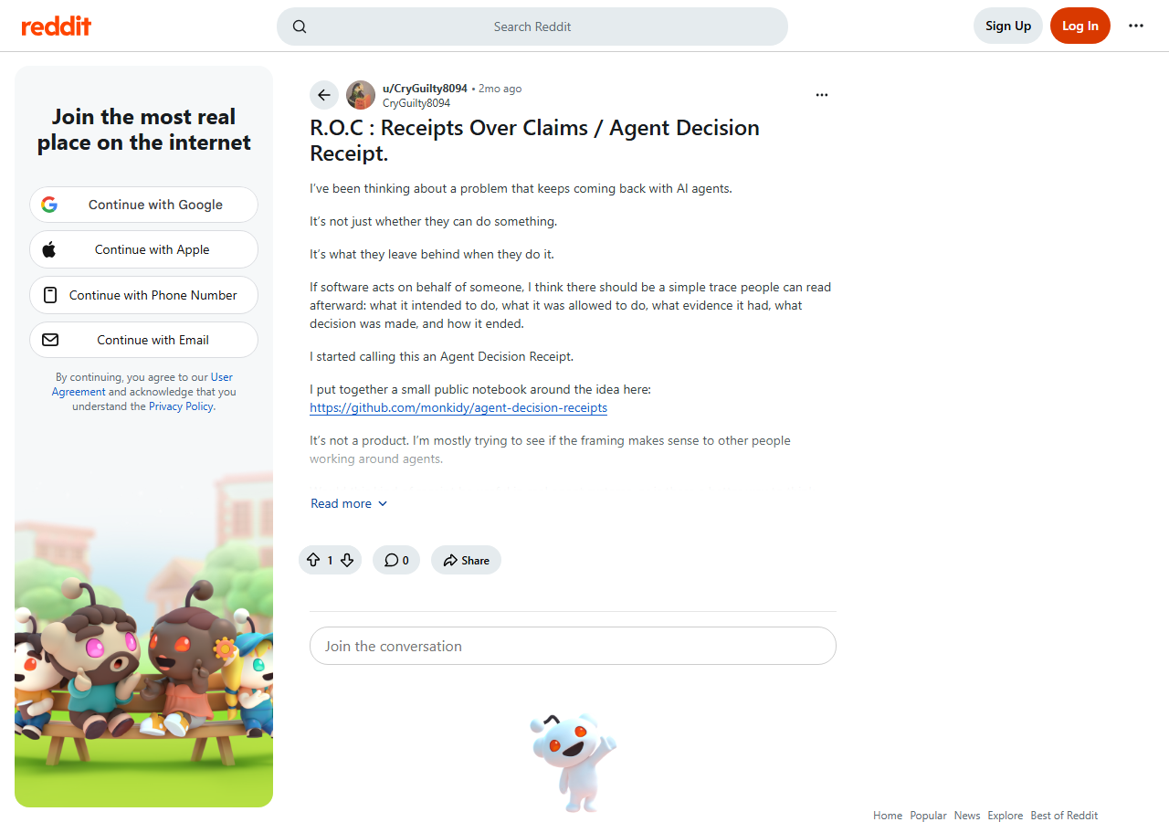 Original R.O.C. Agent Decision Receipt post on the Reddit profile u/CryGuilty8094, display name monkidy.