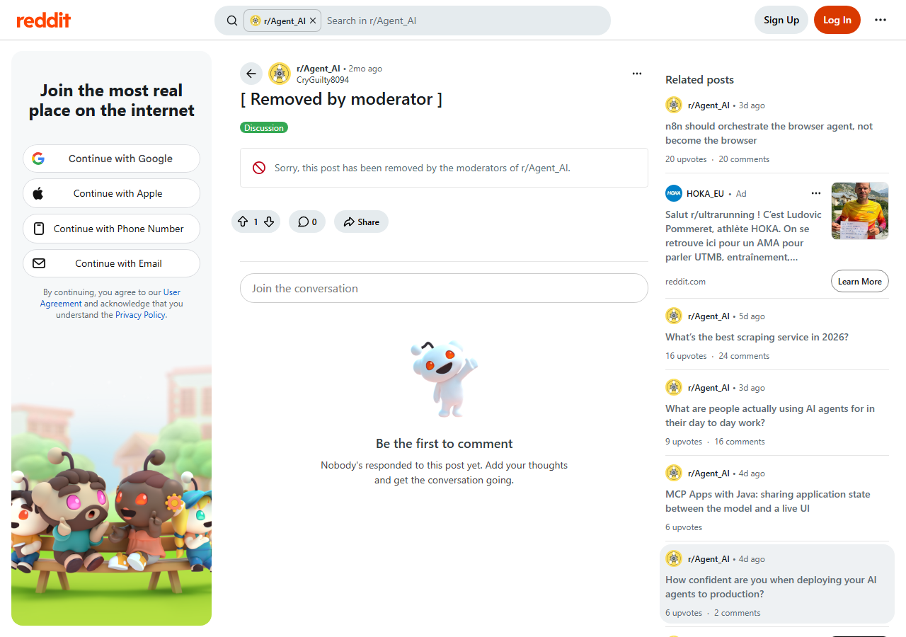 Reddit r/Agent_AI crosspost showing that the post was removed by moderators.
