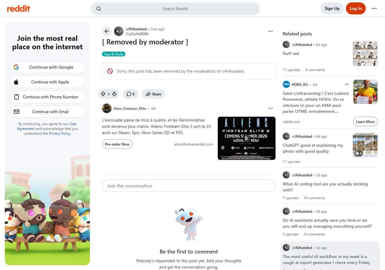 Reddit r/AIAssisted crosspost showing that the post was removed by moderators.